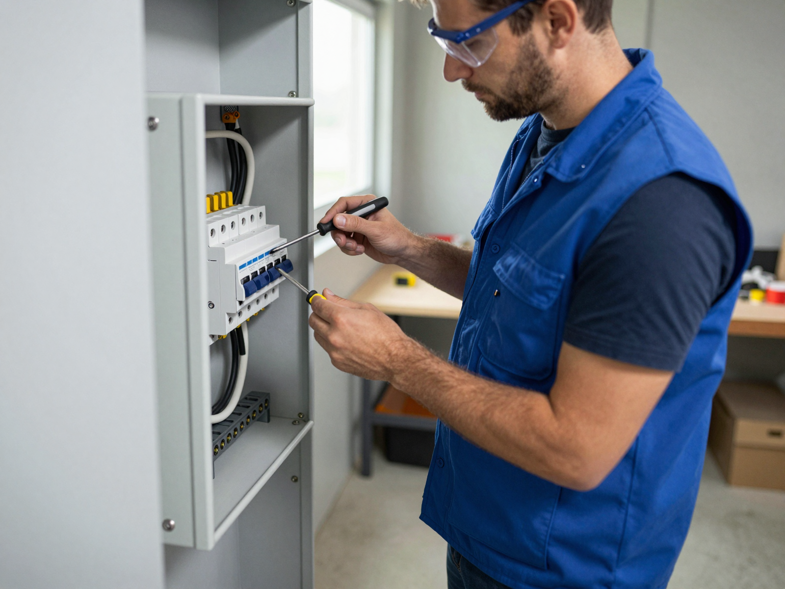 Electrician installing circuit breaker panel
